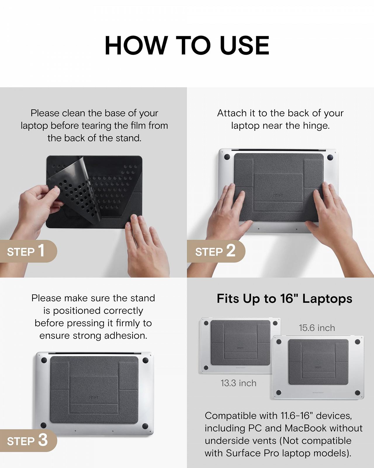 Підставка для ноутбука MOFT, складана для ноутбука з 2 регульованими кутами, покращує поставу, сумісна з MacBook Air, MacBook Pro 11-16 дюймів, самоклеюча, чорна, фото №8