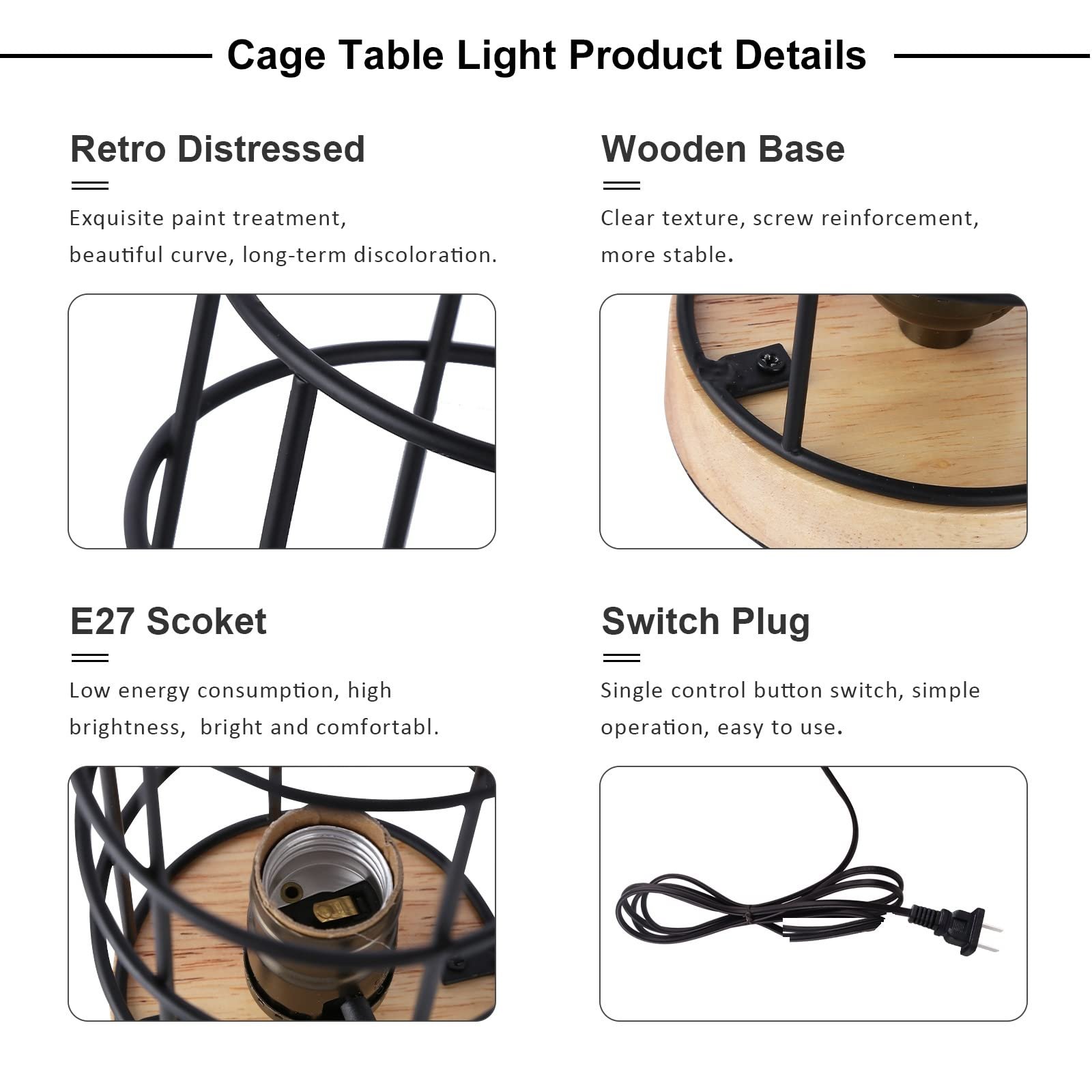 Настільна лампа SUNLLOK Вінтажна Дерево Метал Клітка E27 Чорна, фото №5