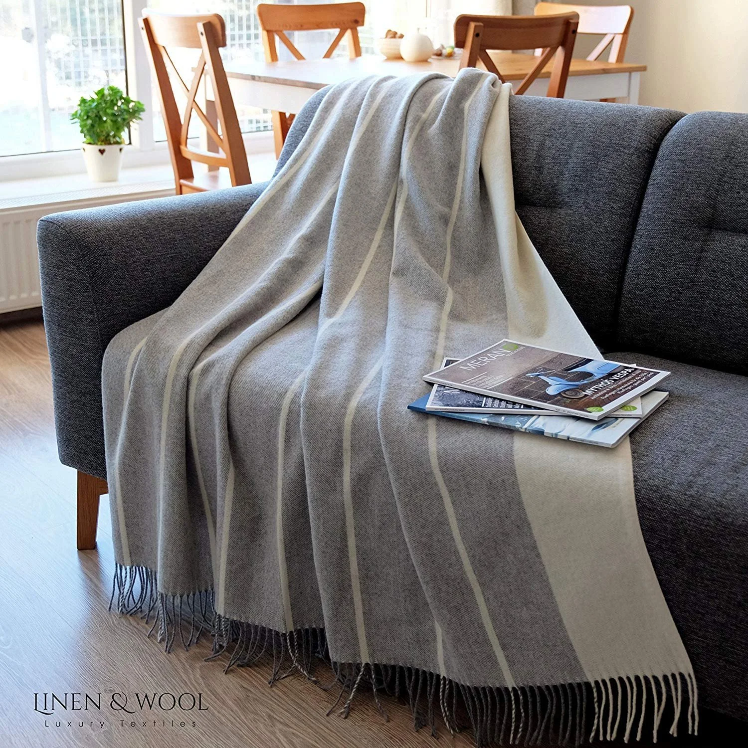 Плед для дивану/ліжка ANNA, 100% тонка вовна мериноса - 140 x 200см, молочно-білий/темно-сірий, фото №3