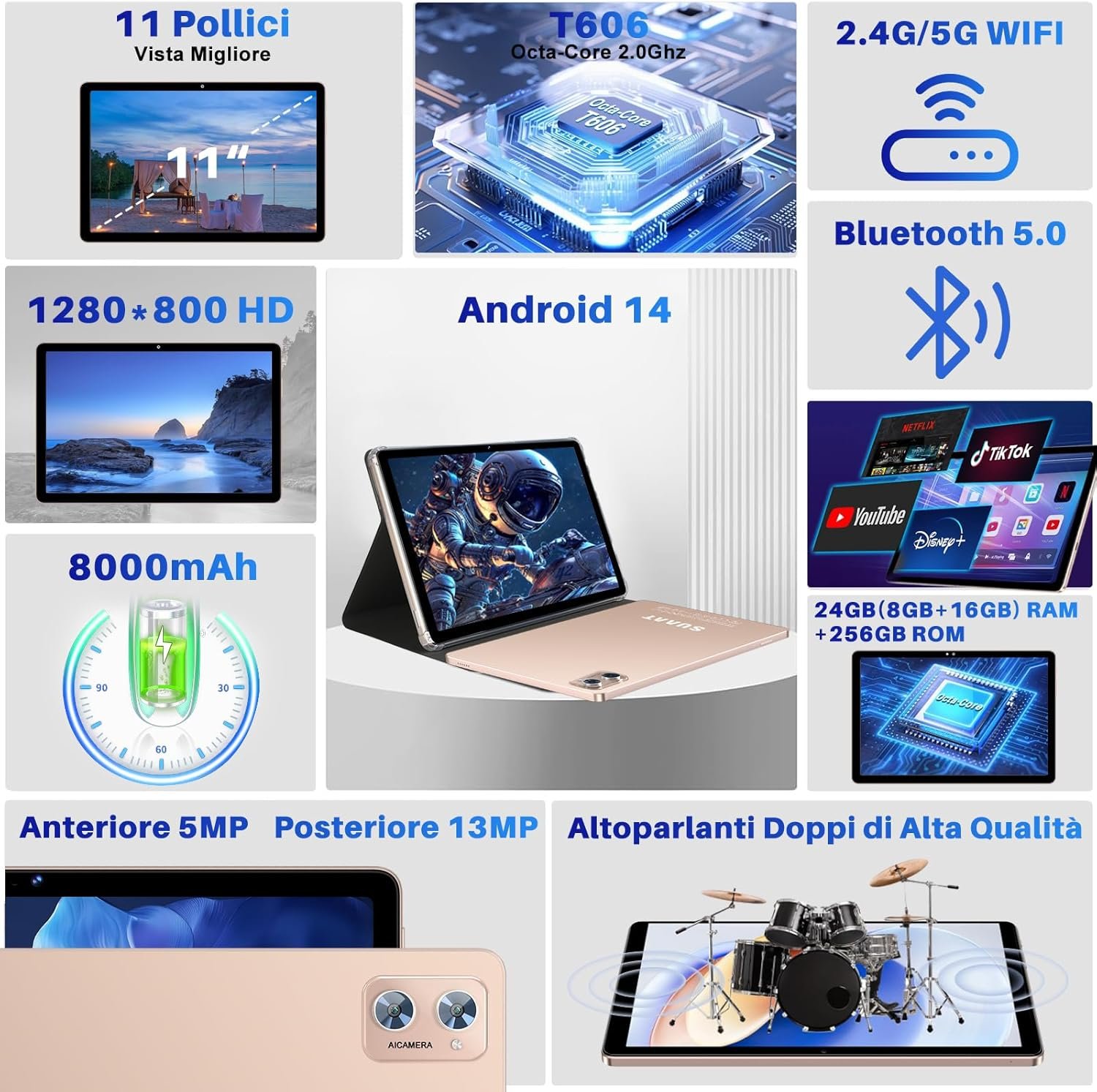 Планшет 11" SUAAT S6 8+16/256Gb 8 ядер Android 14 8000 мАч Gold, фото №2