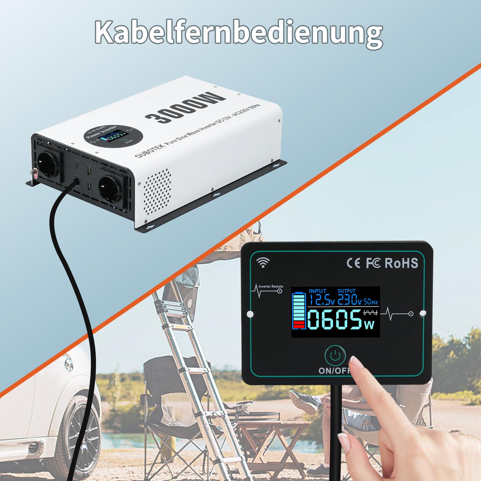 Перетворювач OUBOTEK 3000W/6000W Чистий синус DC 12V до AC 230V з бездротовим пультом дистанційного керування LCD дисплей 2 AC розетки 2 USB-A та 1 Type-C, фото №4