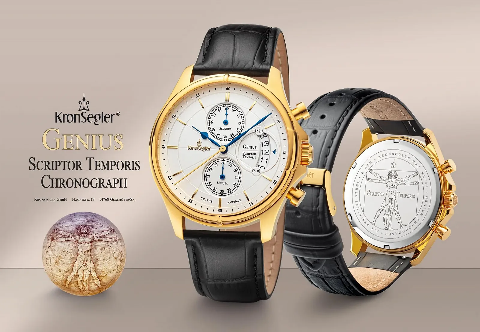 Мужские часы-хронограф Kronsegler Genius Scriptor Temporis Позолоченные Белые, фото №4 Мужские часы-хронограф Kronsegler Genius Scriptor Temporis Позолоченные Белые, фото №4
