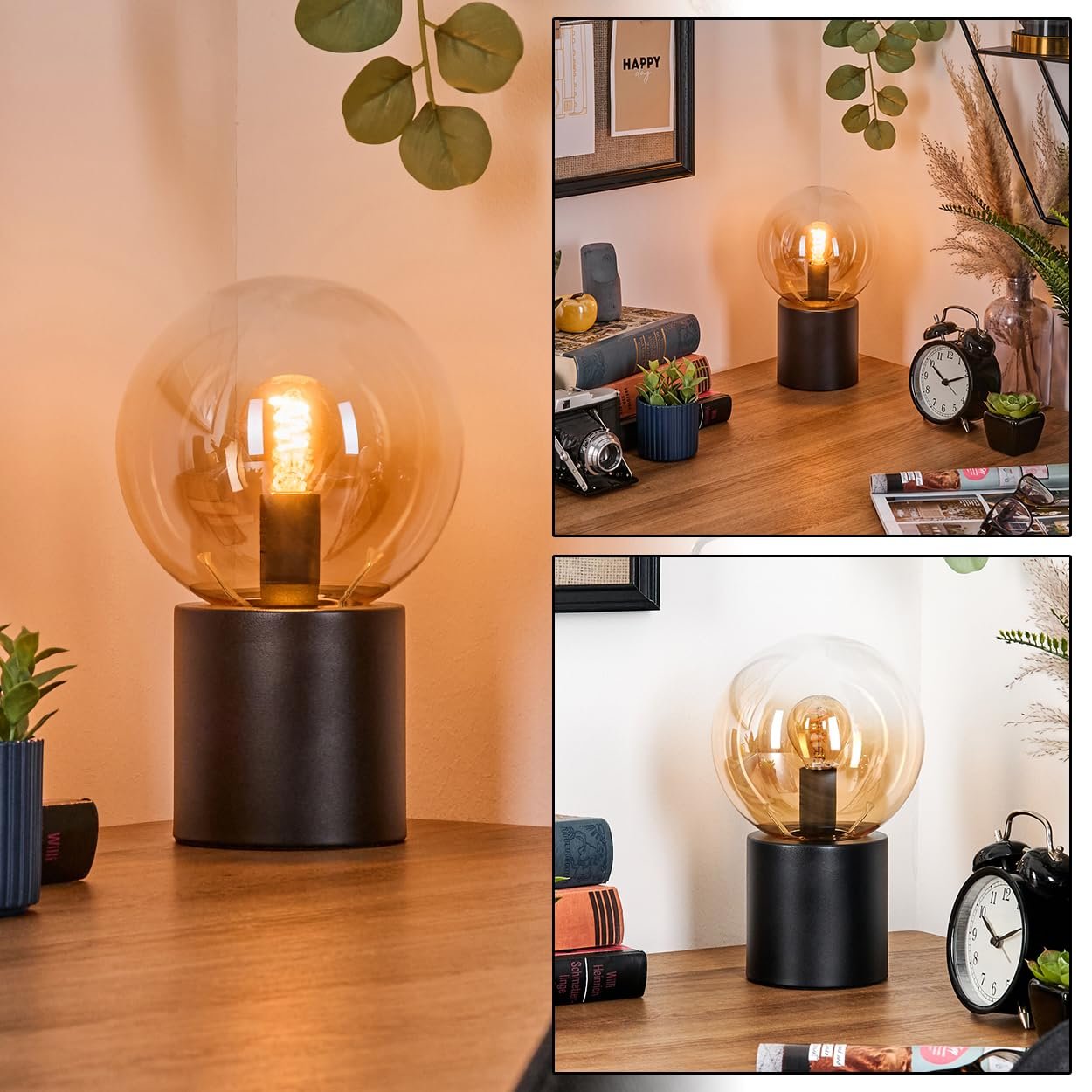 Настільна лампа HOFSTEIN Gastor метал / скло 15 см E14 Чорний/Бурштиновий/Прозорий, фото №1