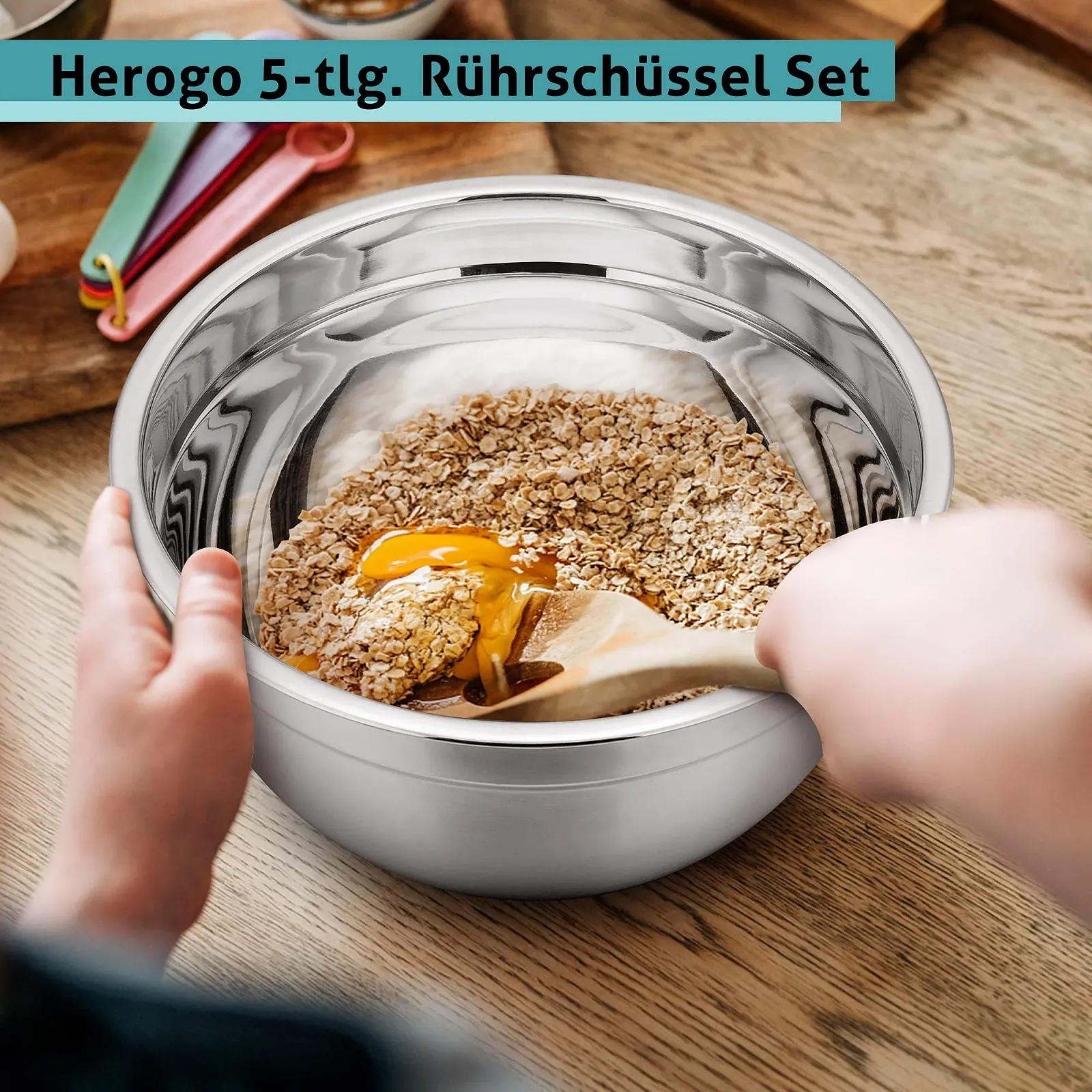 Набір мисок для змішування Herogo з 5 предметів нержавіюча сталь сині кришки нековзна силіконова основа, фото №5 Набір мисок для змішування Herogo з 5 предметів нержавіюча сталь сині кришки нековзна силіконова основа, фото №5