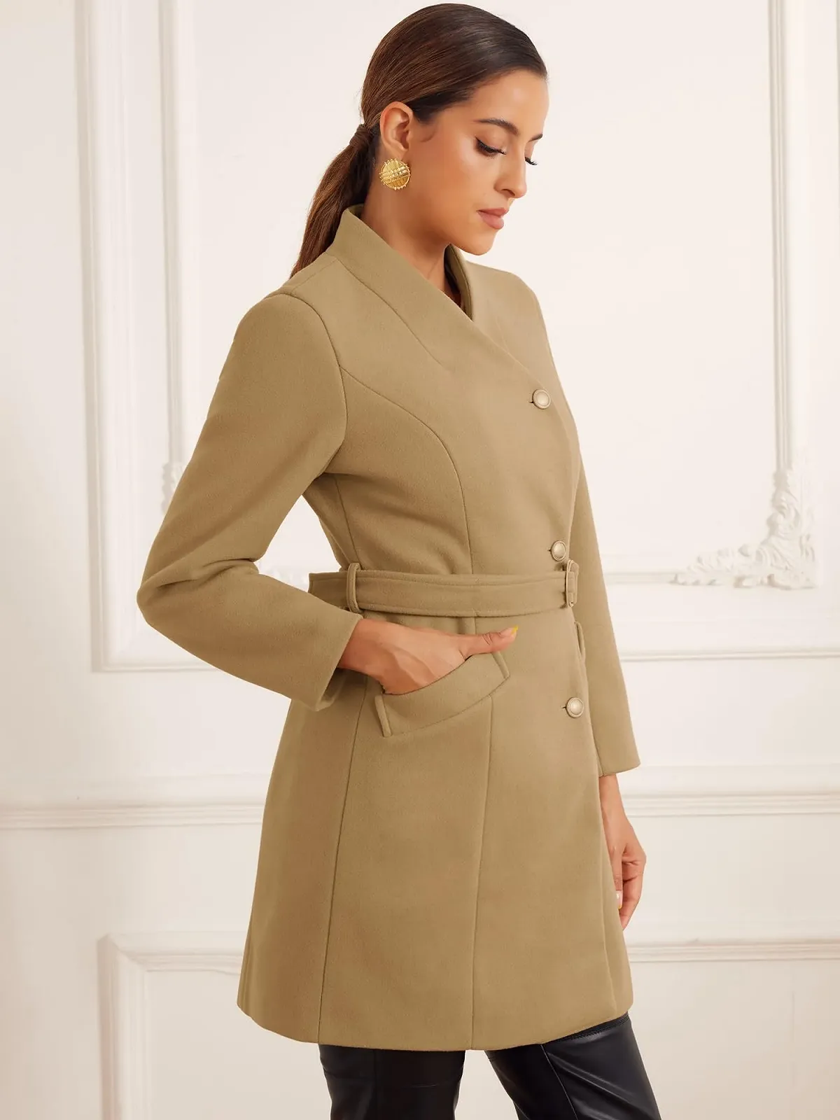 Пальто Allegra K Женское на пуговицах, стойка-воротник, длинные рукава, пояс, классическое, зимнее, фото №4