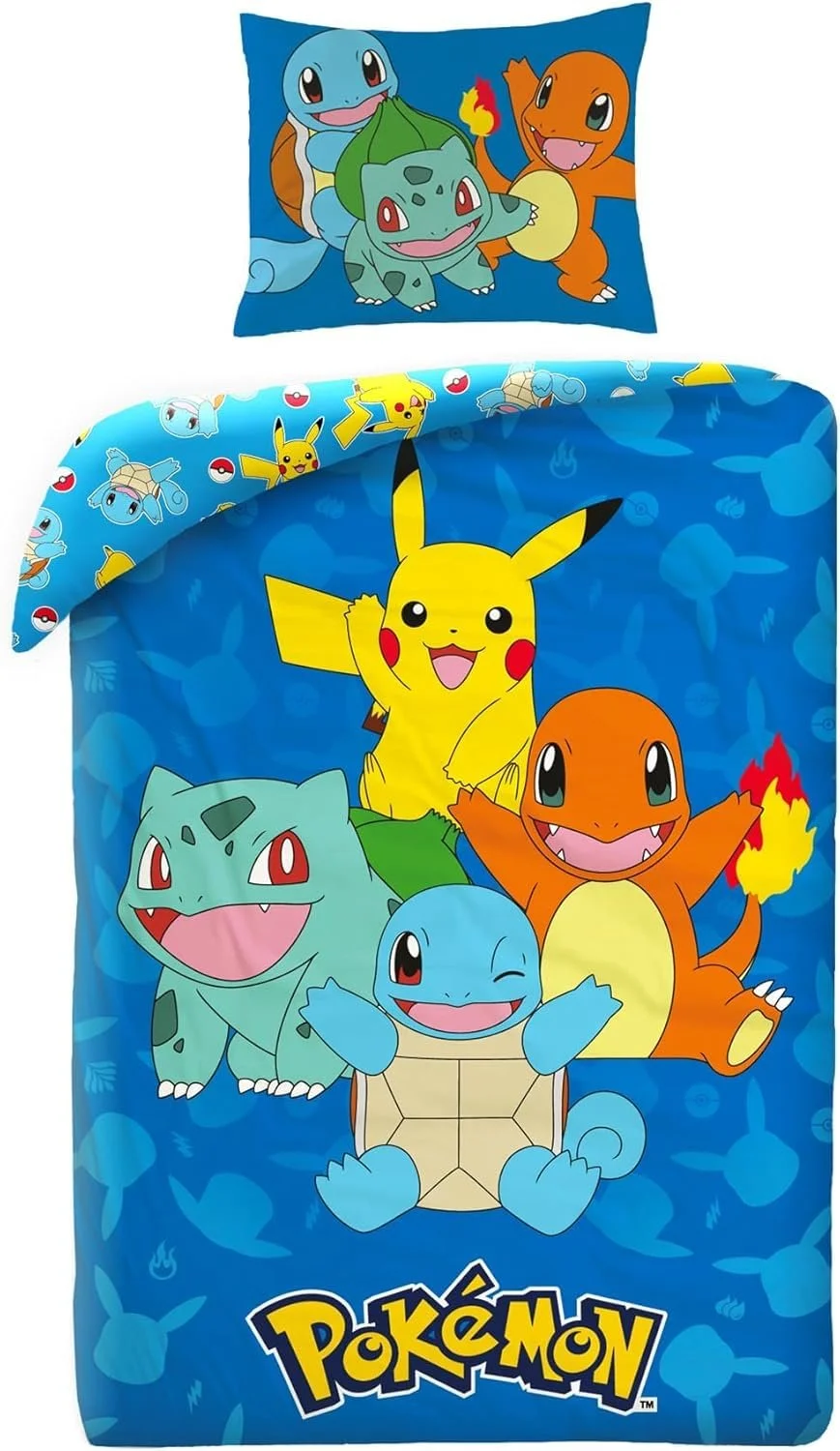 Комплект постільної білизни Pokemon 135 x 200 см + 80 x 80 см, Pikachu, Glumanda, Schiggy & Bisasam, двокомпонентний: покривало на ковдру + наволочка, мікроволокно, фото №1