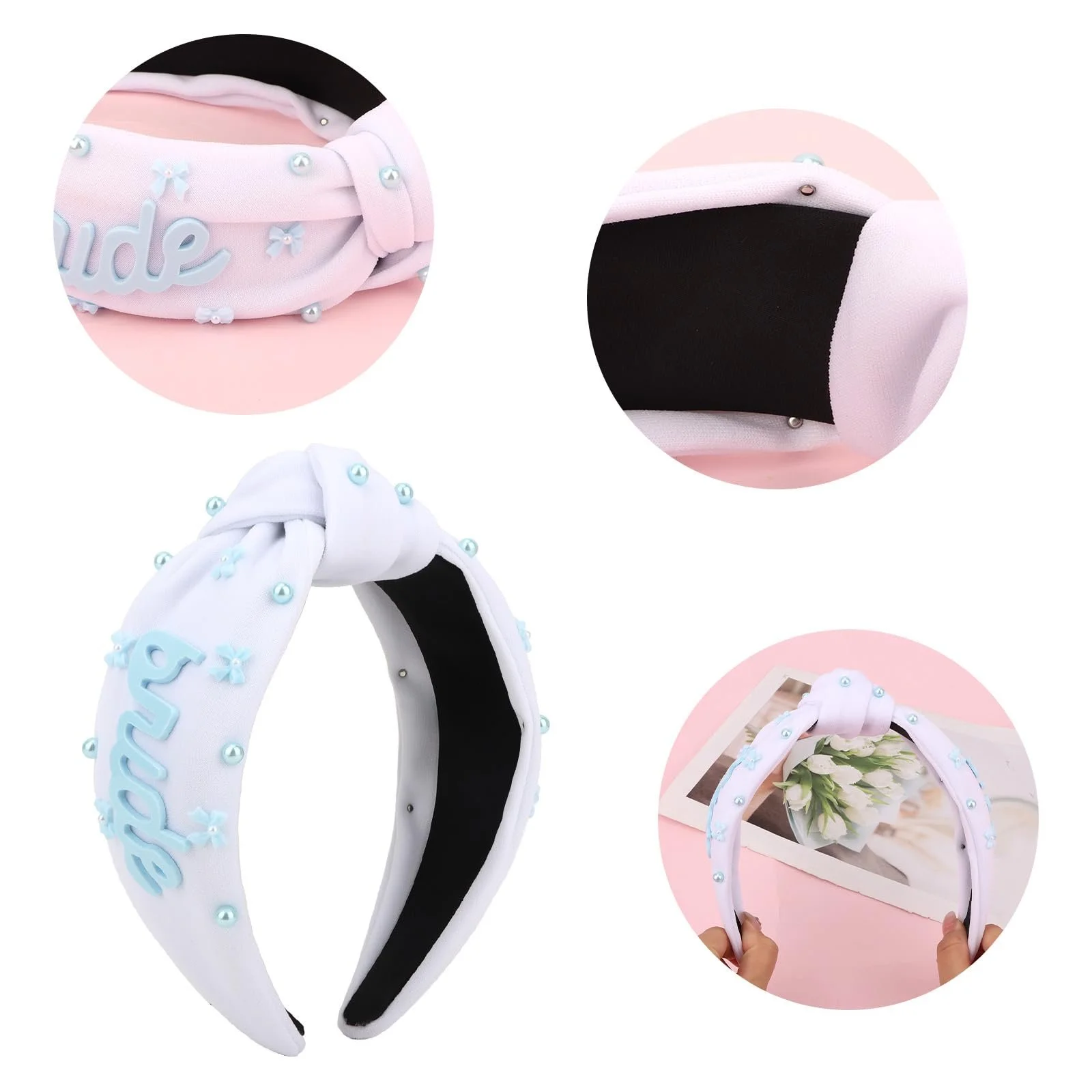 Обруч Білий Вузол з Синім Написом "Bride" та Перлинною Оздобою, фото №3 Обруч Білий Вузол з Синім Написом "Bride" та Перлинною Оздобою, фото №3