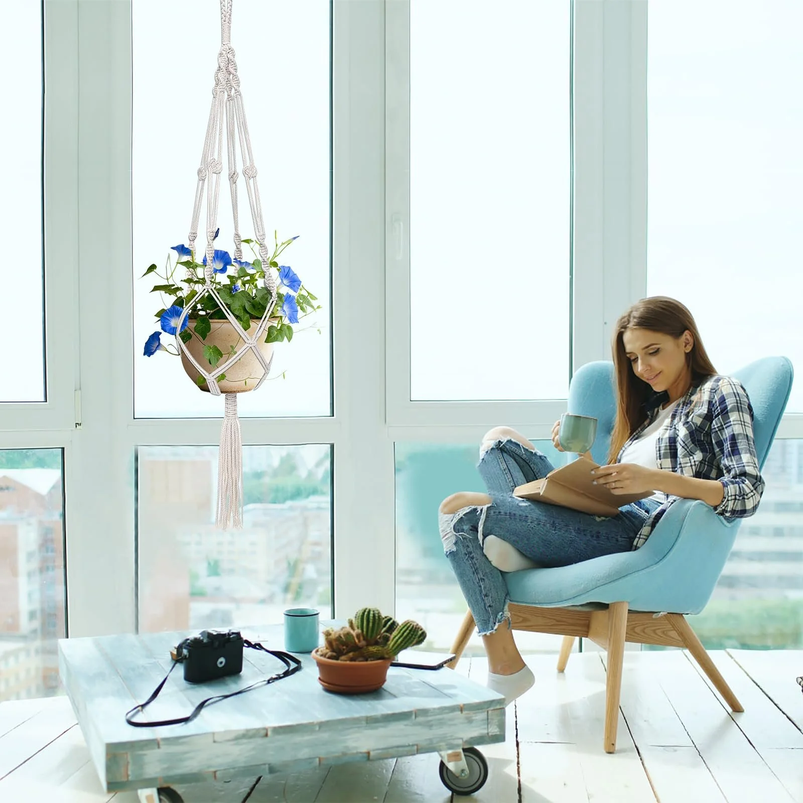 Набор подвесных корзин макраме 2 шт. Хлопковая веревка 105 см, фото №7