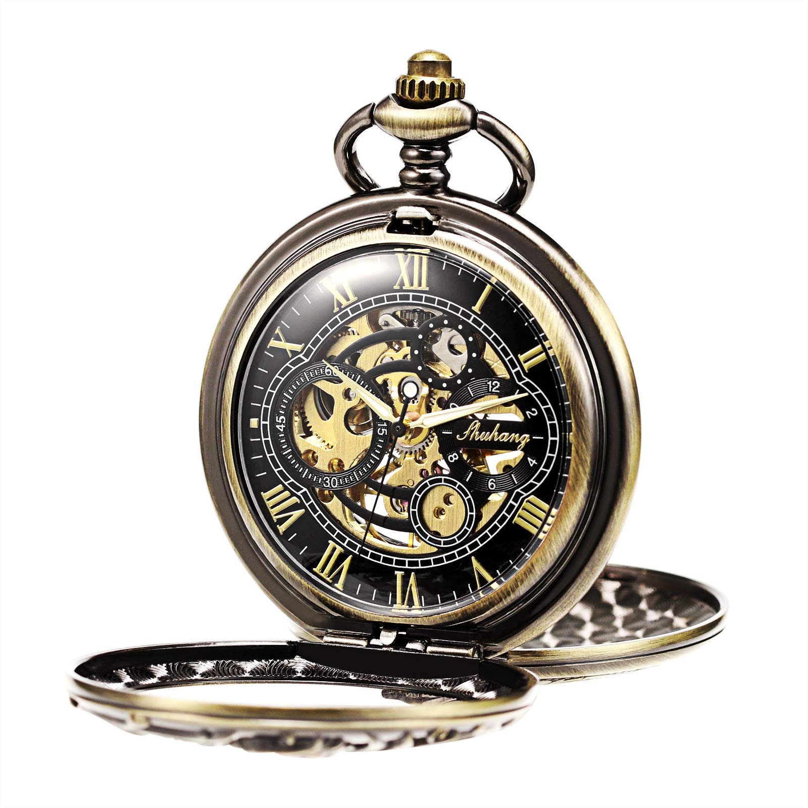 Кишеньковий годинник TREEWETO Unisex Double Hinge Antique Dragon Skeleton з ланцюжком бронзовий, фото №1