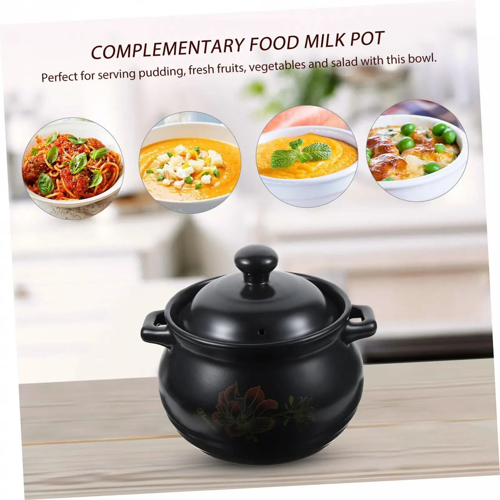 Кастрюля для запекания Healifty керамическая 2 л с ручкой Черный, фото №6