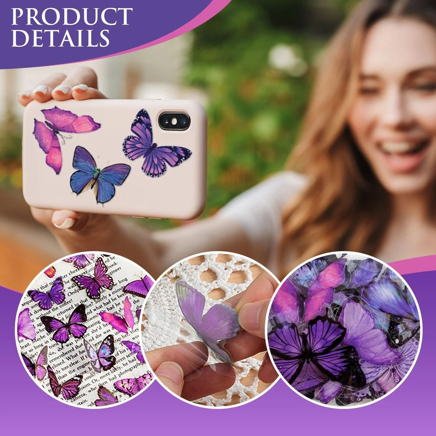 Наклейки Метелики 80 шт. ПВХ водонепроникні Фіолетові, фото №3