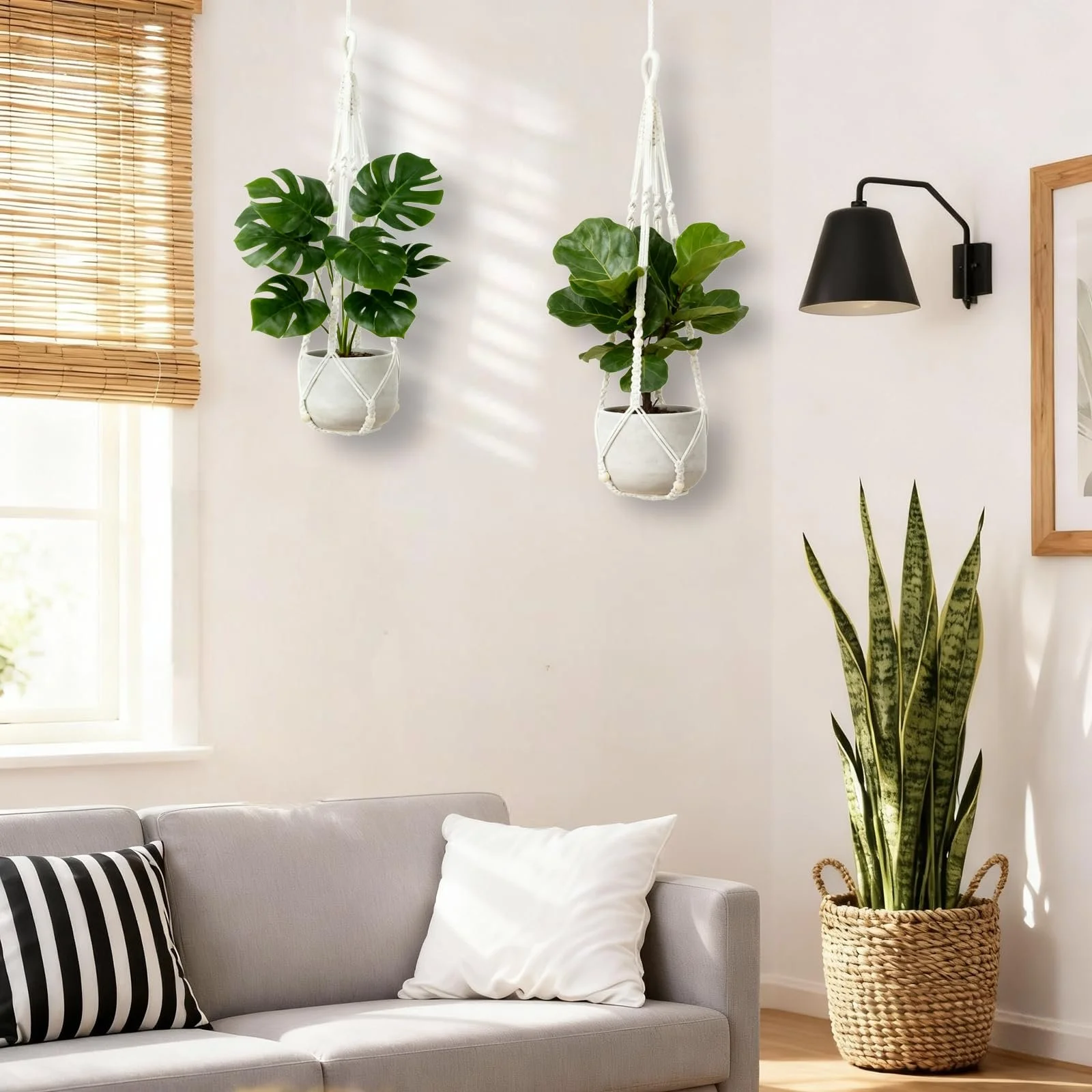 Подвесные кашпо макраме набор из 2 шт. хлопковые с крючками белые, фото №7