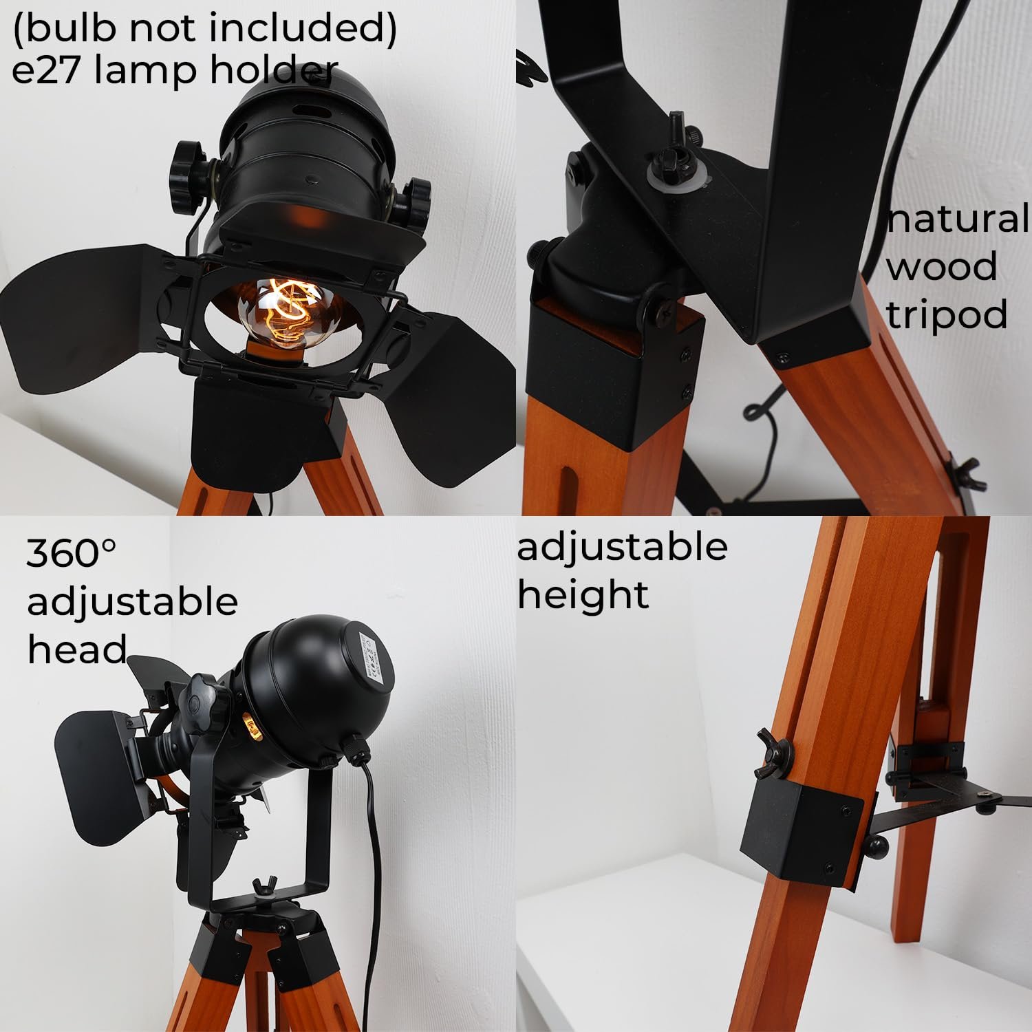 Настільна лампа Alpinaluz Vintage Industrial E27 дерев'яний штатив чорний прожектор, фото №4