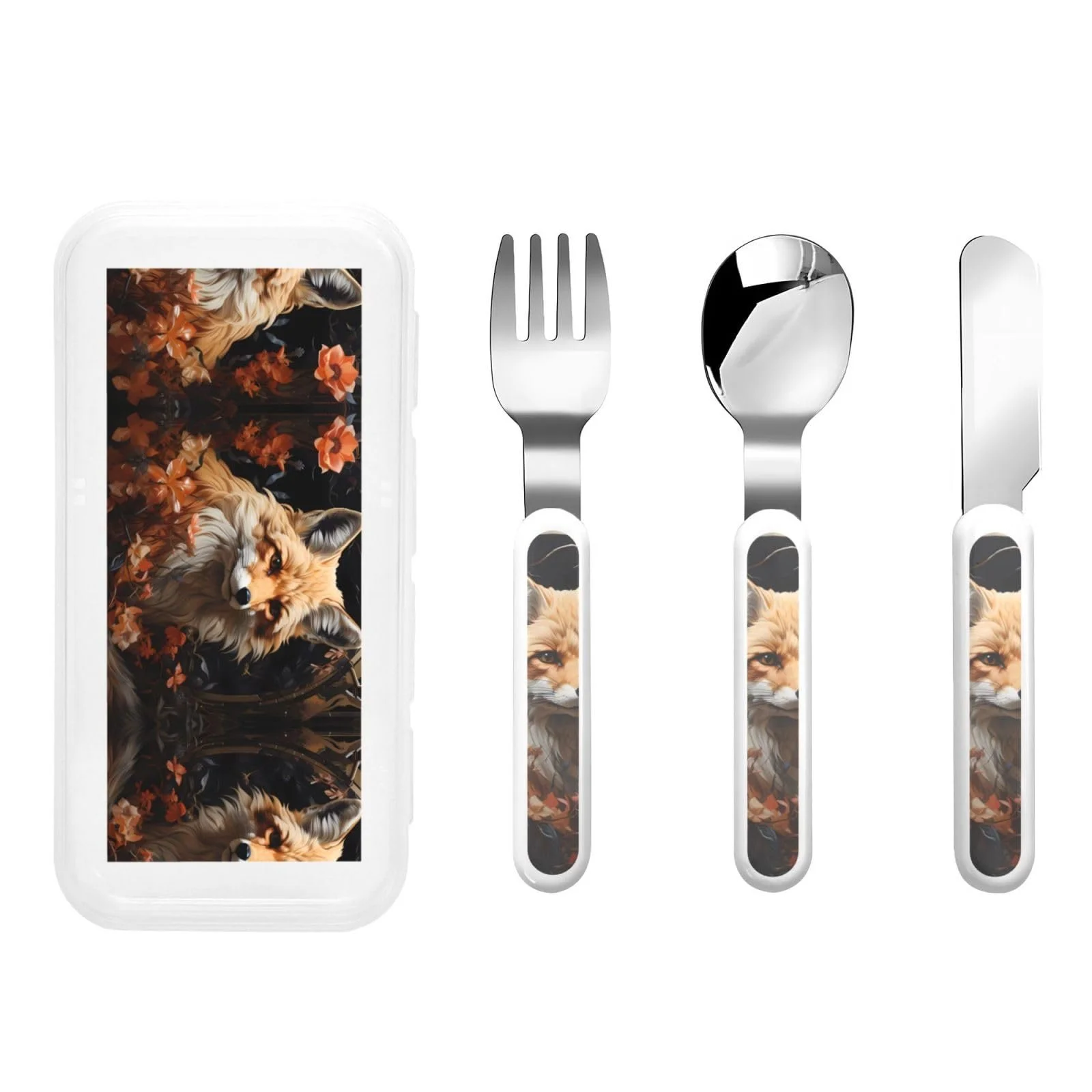 Набір дитячих столових приборів з принтом Лисиці та Квітів, три предмети, багаторазовий, фото №1 Набір дитячих столових приборів з принтом Лисиці та Квітів, три предмети, багаторазовий, фото №1