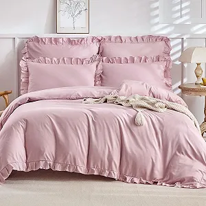 Постельное белье Lekesky 135 x 200 см Розовое с оборками, 2 предмета, Микрофибра, Цветы, на молнии, с наволочками 80 x 80 см - Фото 1