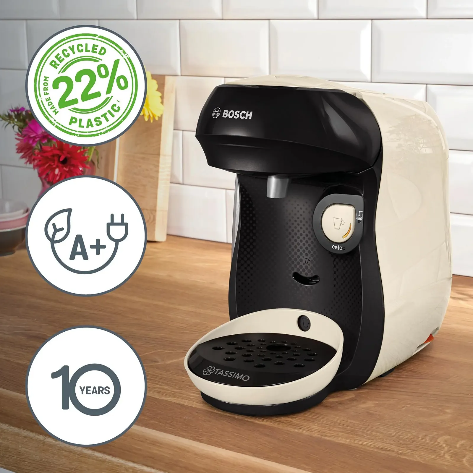 Капсульная кофемашина Bosch Tassimo Happy Friendly TAS107E 1400 Вт, кремовый/черный, фото №3 Капсульная кофемашина Bosch Tassimo Happy Friendly TAS107E 1400 Вт, кремовый/черный, фото №3