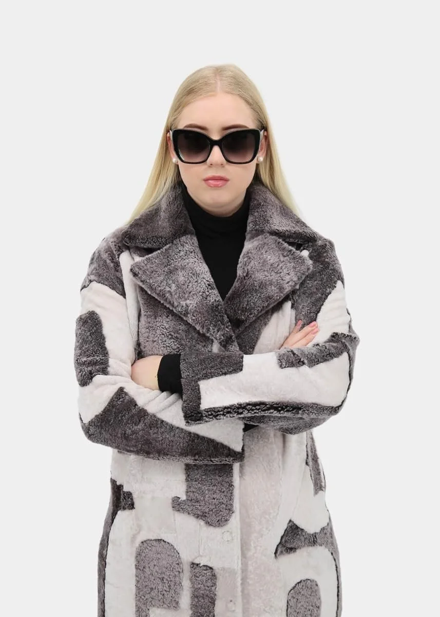 Пальто Hollert Shearling ED-03 Женское из овечьей кожи Merino Cuddly Soft Серо-белое, фото №4 Пальто Hollert Shearling ED-03 Женское из овечьей кожи Merino Cuddly Soft Серо-белое, фото №4