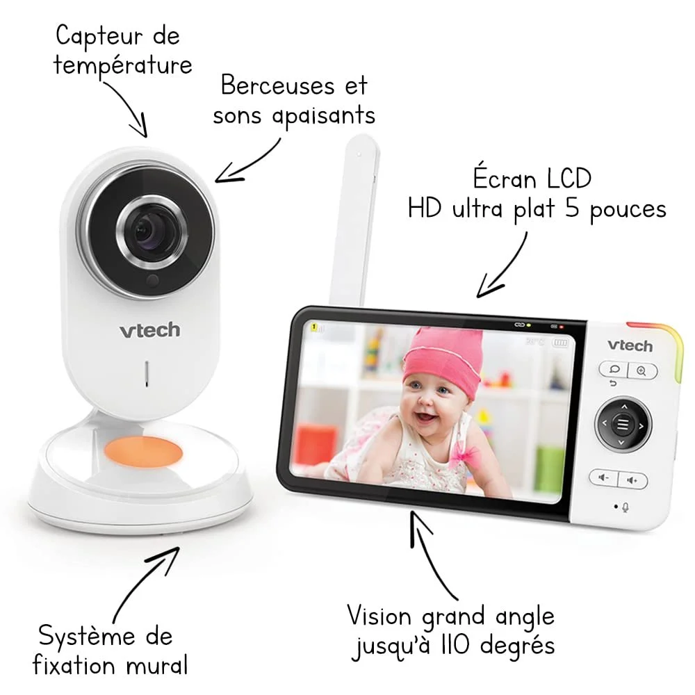 Відеоняня VTech BM818, 5-дюймовий ультратонкий HD-дисплей, нічник та колискові 720p, білий, фото №2