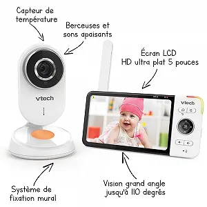 Відеоняня VTech BM818, 5-дюймовий ультратонкий HD-дисплей, нічник та колискові 720p, білий synthetic.ua - Фото 1