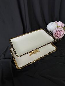 Блюдо на золотій ніжці з золотою оконтовкою 33х20 см , порцеляна synthetic.ua - Фото 1