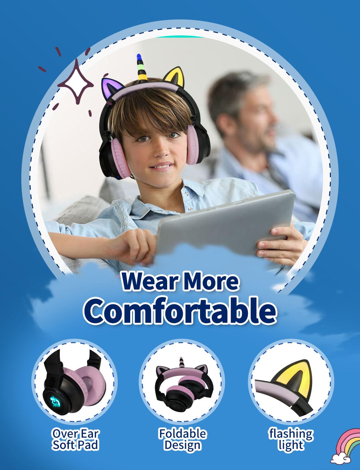 Навушники Bluetooth YUSONIC Unicorn для дівчаток хлопчиків з LED підсвіткою чорні, фото №5