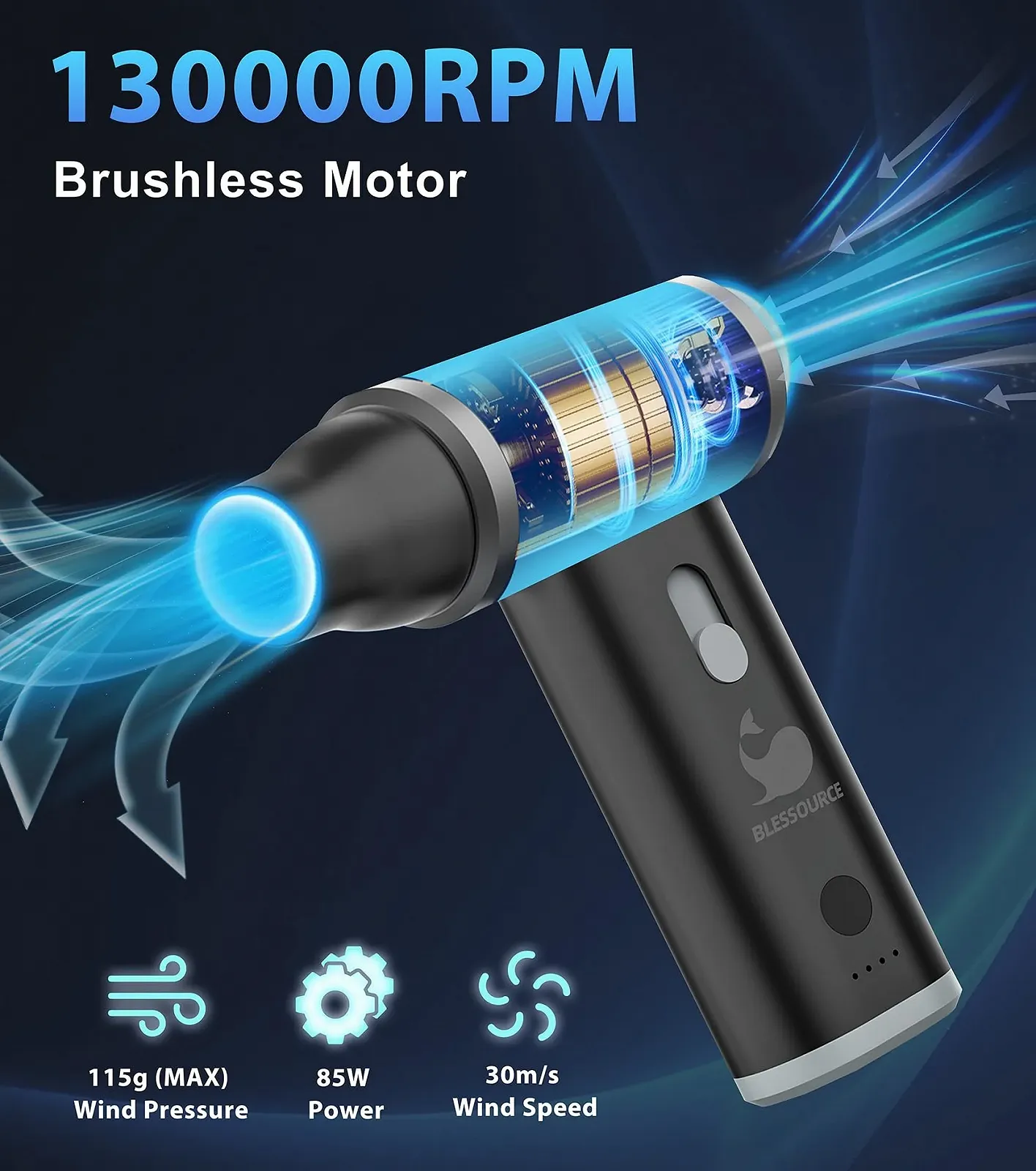 Электрическая воздуходувка Aluminium Alloy 130000 RPM переносная с насадками, фото №4