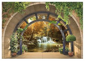 Фотообои VEXL 11553 3D Окно Водопад Лес Природа Флизелиновые УФ-стойкие 208 x 146 см 2 панели - Фото 1