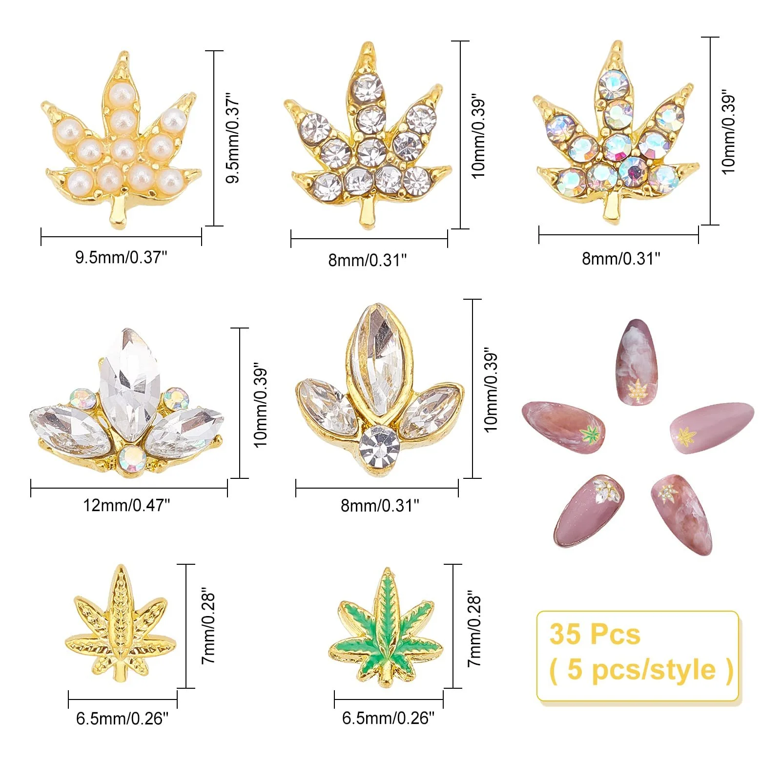 Стрази для нігтів Arricraft, 35 шт, 7 стилів, форма кленового листка, прикраси, фото №5