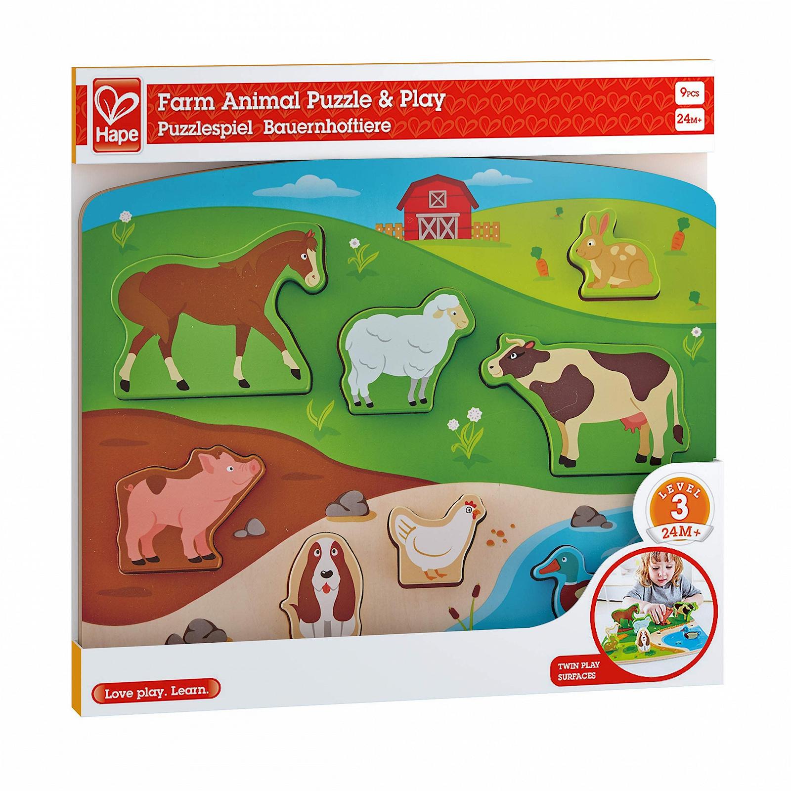 Дерев'яний пазл Hape HAP-E1454 Farm Animal Puzzle & Play різнокольоровий 5'' x 2'', фото №2