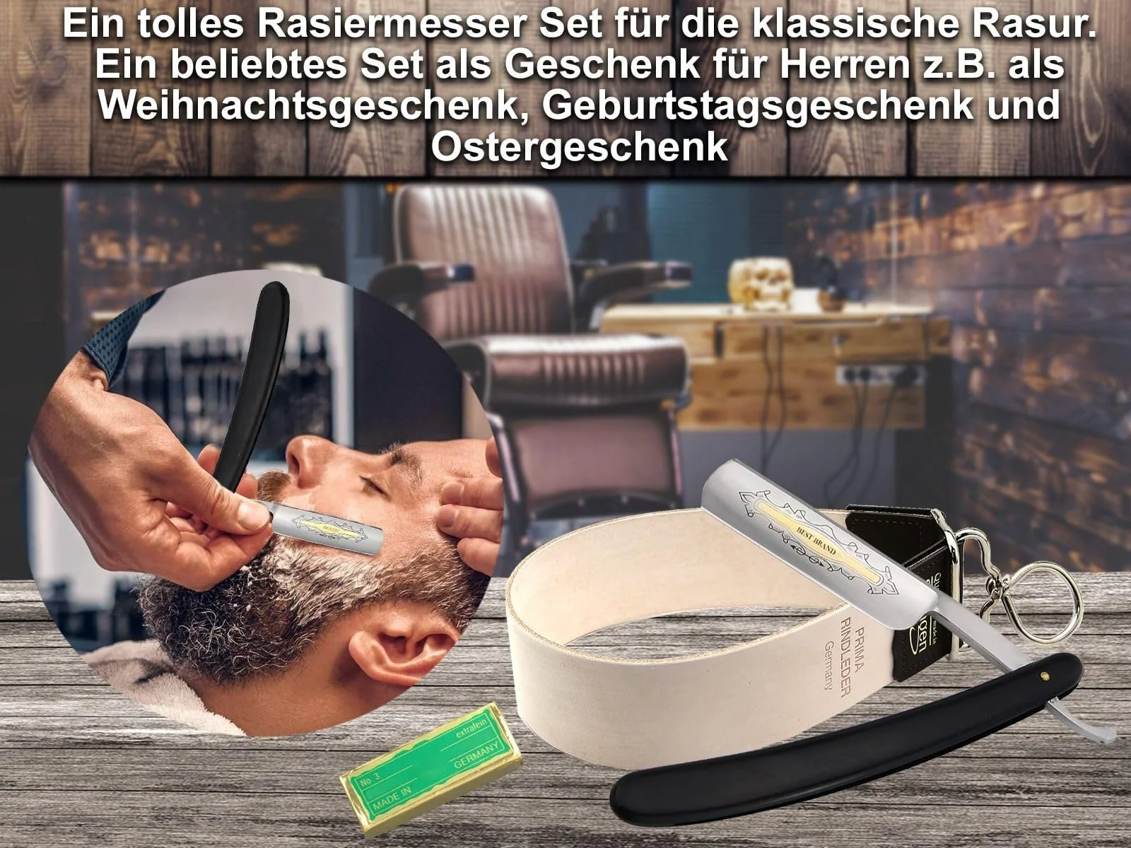 Набор для бритья InstrumenteNrw Solingen с ремнем пастой и опасной бритвой с золотой гравюровкой черный, фото №6 Набор для бритья InstrumenteNrw Solingen с ремнем пастой и опасной бритвой с золотой гравюровкой черный, фото №6