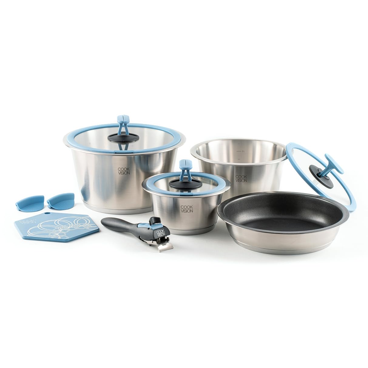 Набір cookvision Basic 11 шт Синій 3x Нержавіючі каструлі та 1x Сковорода для всіх типів плит 3x скляні кришки 1x Ручка Інноваційні аксесуари з економією простору, фото №1