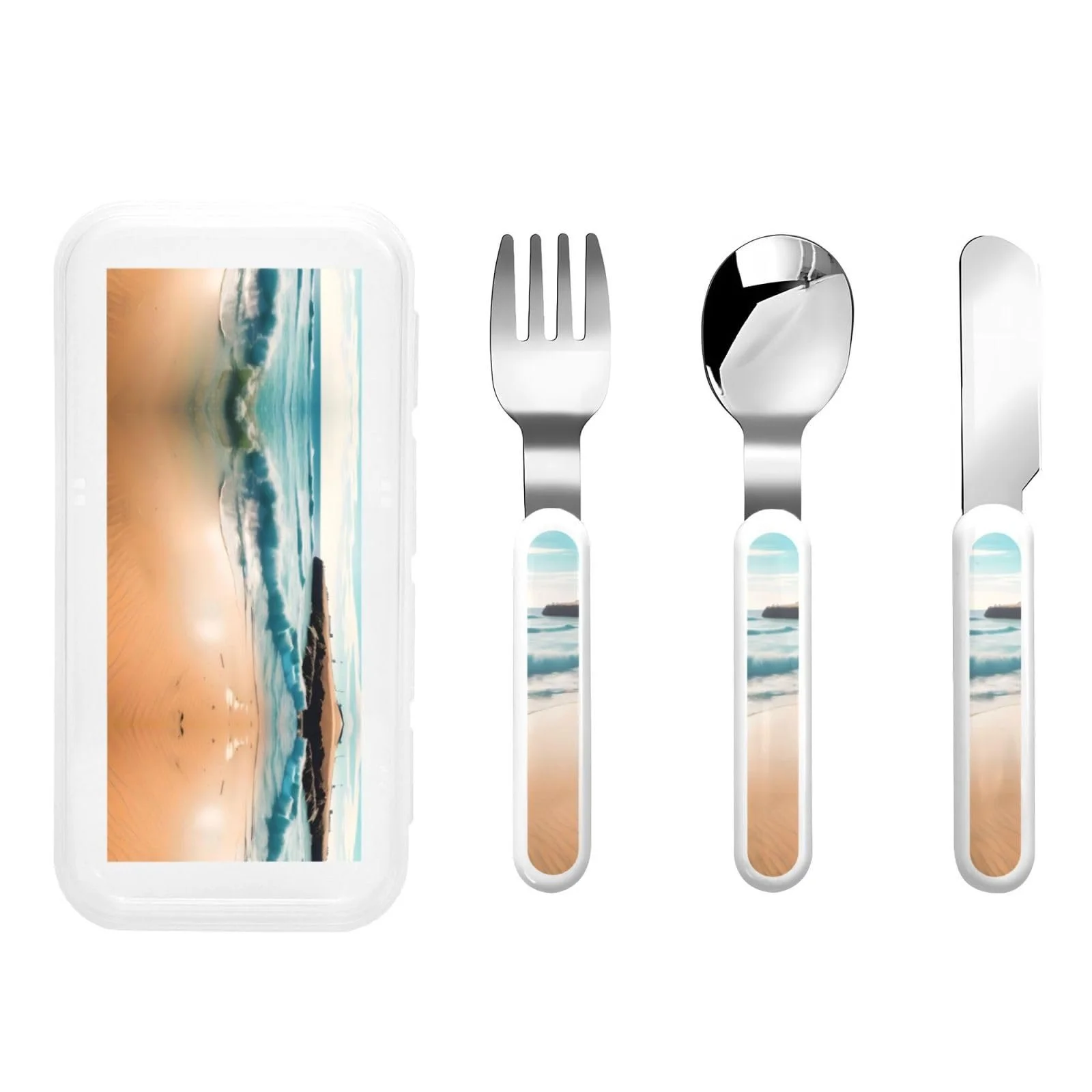 Дитячий набір столових приборів з Малюнком Пляжного Пейзажу, Три Предмети, Багаторазового Використання, фото №1 Дитячий набір столових приборів з Малюнком Пляжного Пейзажу, Три Предмети, Багаторазового Використання, фото №1