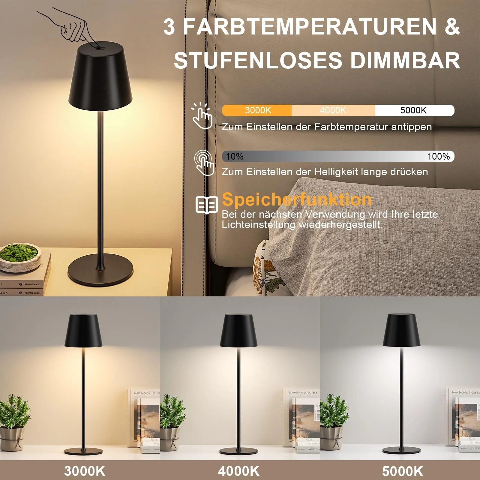 Настільна лампа PreeOtti LED Бездротова Акумуляторна USB-C Чорна, фото №2