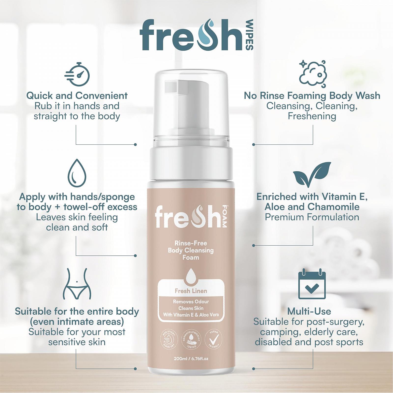 Пінистий гель для душу без змивання FreshWipes Rinse Free 200 мл, фото №6