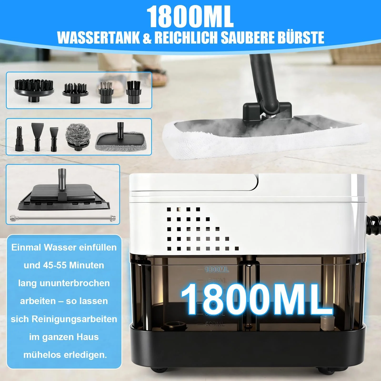 Ручний пароочисник 2500 Вт 1800 мл з 19 аксесуарами, фото №5 Ручний пароочисник 2500 Вт 1800 мл з 19 аксесуарами, фото №5