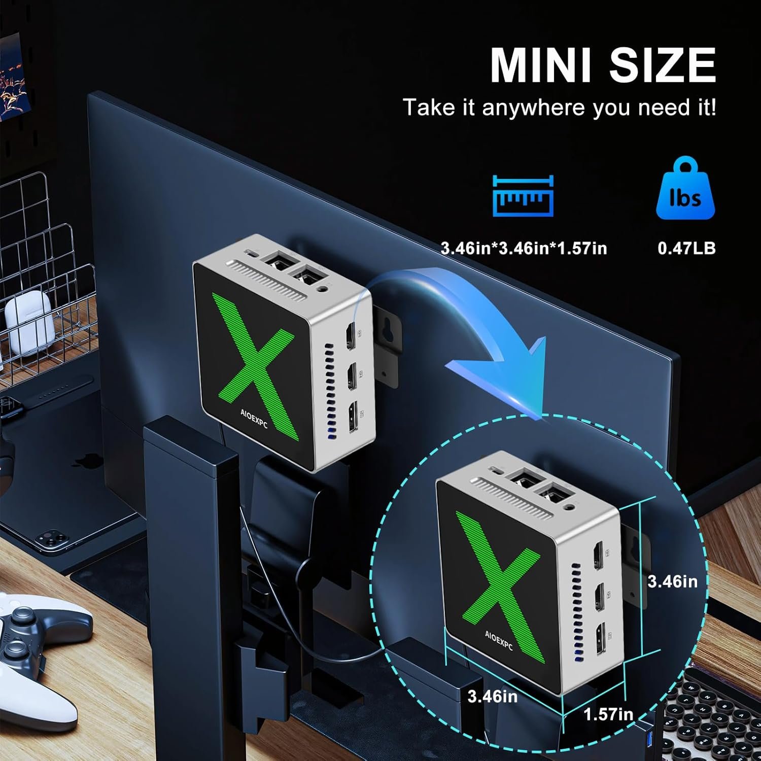 Мини ПК AIOEXPC X MINI N95 / Intel Alder Lake N95 / RAM 12GB / SSD 256GB / 2 x HDMI / 2 x LAN / Wi-Fi 5 / Bluetooth 4.2 / Windows 11 / Серебристый-Чёрный, фото №2