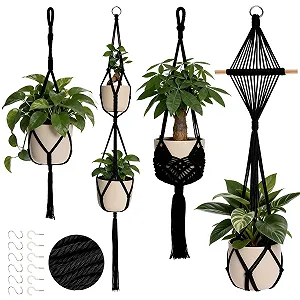 Підвісний кошик макраме Набір з 4 предметів Boho Декоративний Бавовняна мотузка з гачками Чорний - Фото 1