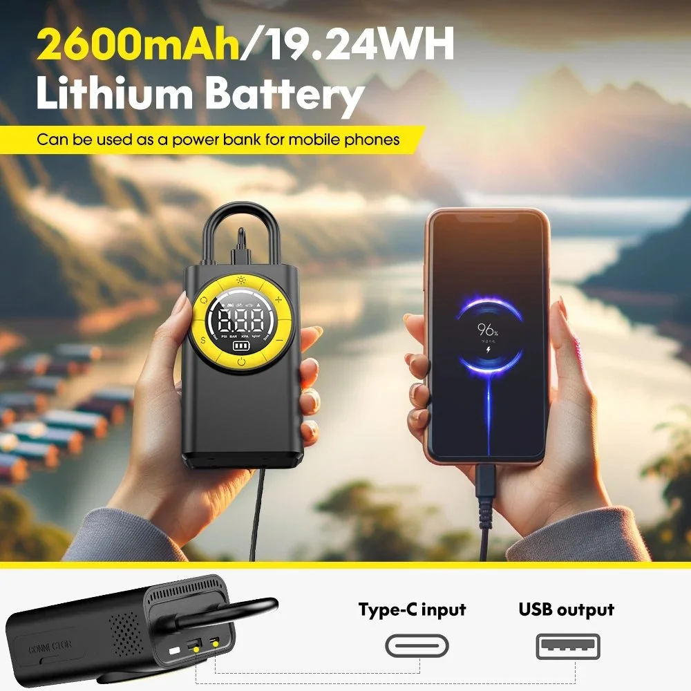 Беспроводной автомобильный компрессор Carsun T2198 с функцией фонарика и повербанка, фото №3