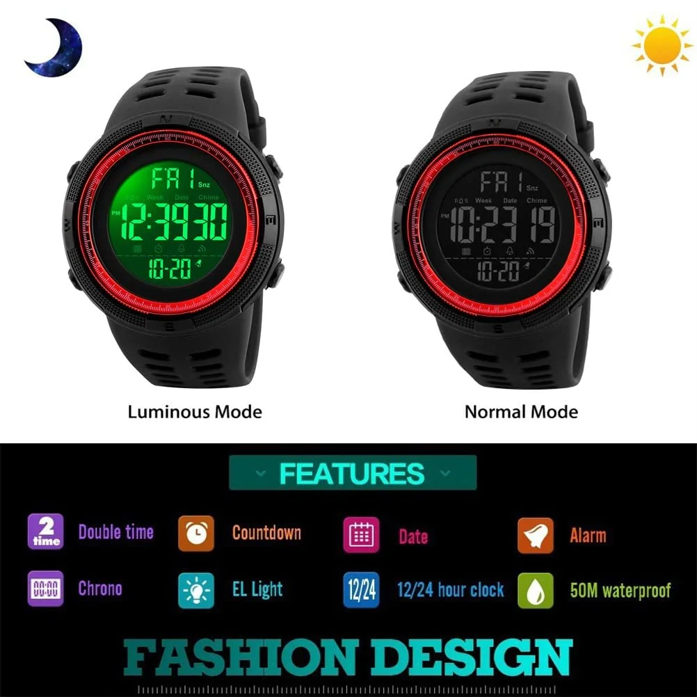 Цифровий Спортивний годинник TONSHEN 50 м LED Червоний, фото №2