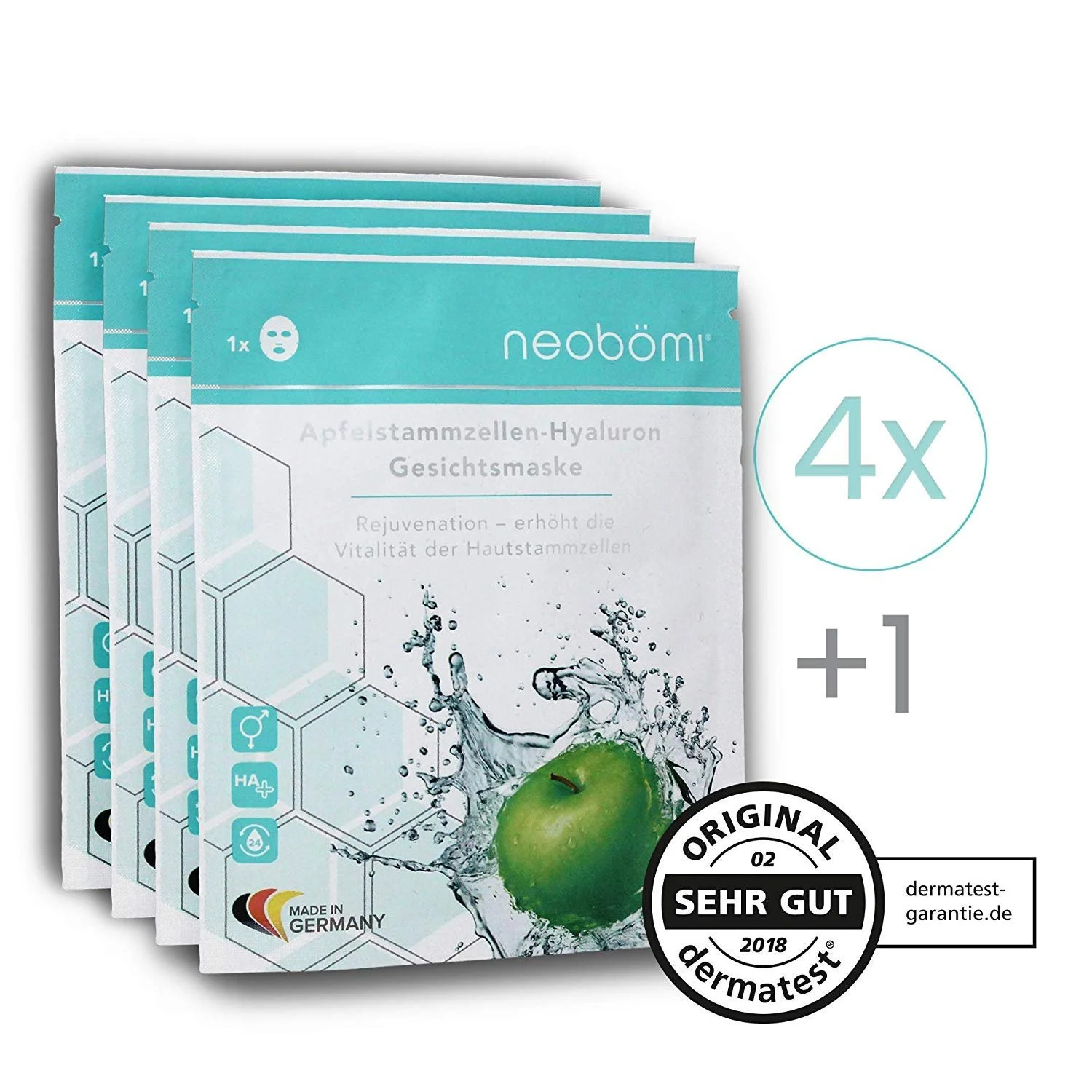 Тканинна маска для обличчя Neobömi Hyaluron з яблучними стовбуровими клітинами, антивікова, 4 + 1 шт, набір масок, фото №2