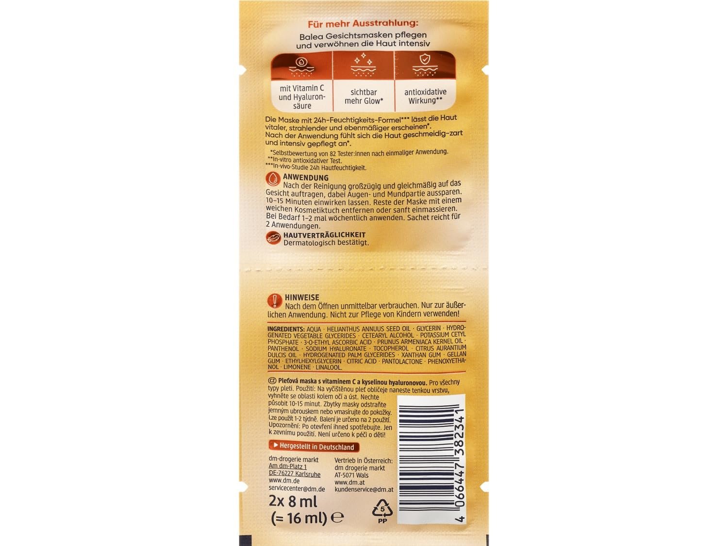 Набір масок Balea з 16 масок, набір зразків 8 різних масок для обличчя, гіалурон, вітамін C, фото №3