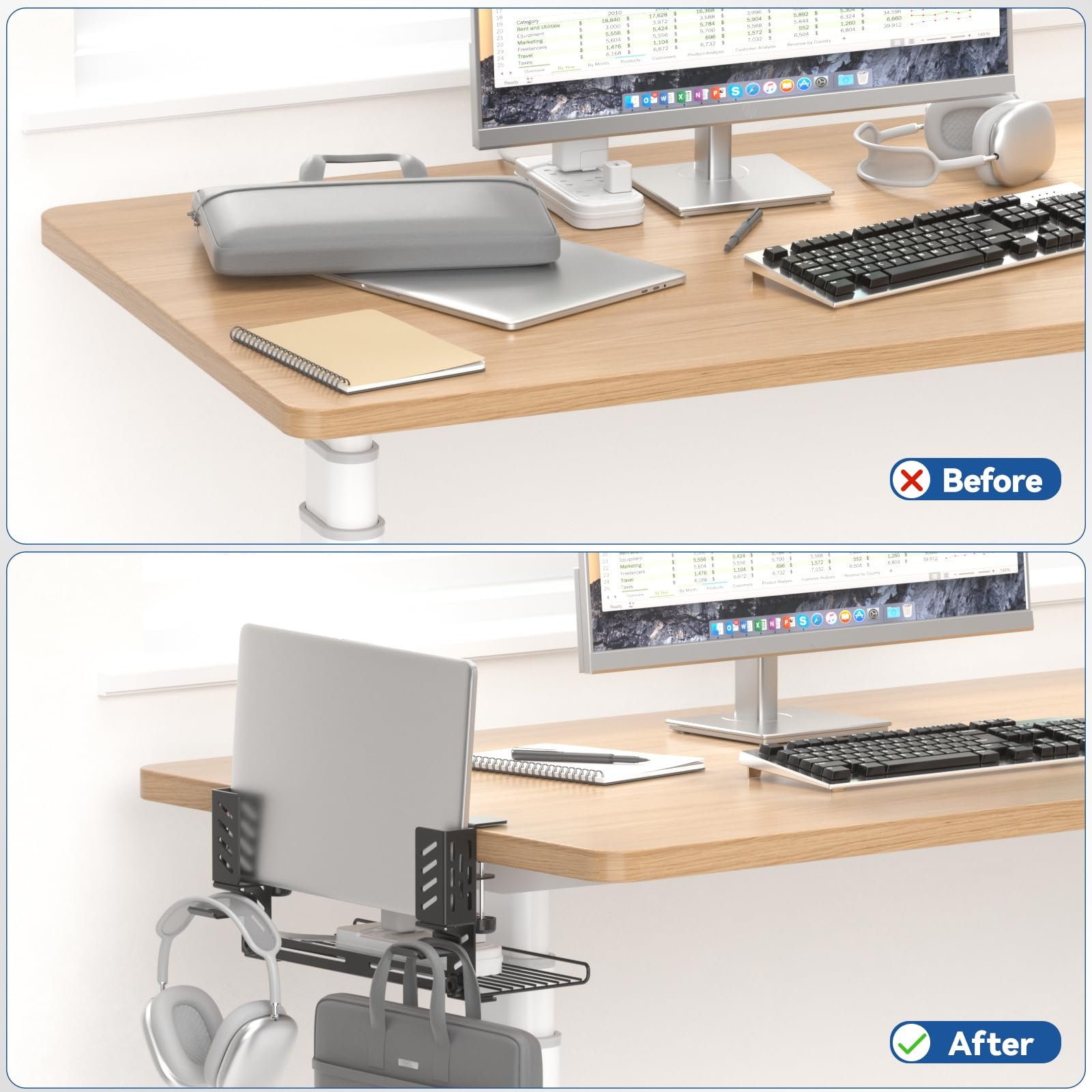 Подставка для ноутбука KDD 3 в 1, регулируемая настольная подставка с боковым хранением, органайзером для кабелей, держателем для наушников и кабельной стяжкой, зажимной держатель для ноутбука/гарнитуры, не требует сверления, фото №7 Подставка для ноутбука KDD 3 в 1, регулируемая настольная подставка с боковым хранением, органайзером для кабелей, держателем для наушников и кабельной стяжкой, зажимной держатель для ноутбука/гарнитуры, не требует сверления, фото №7