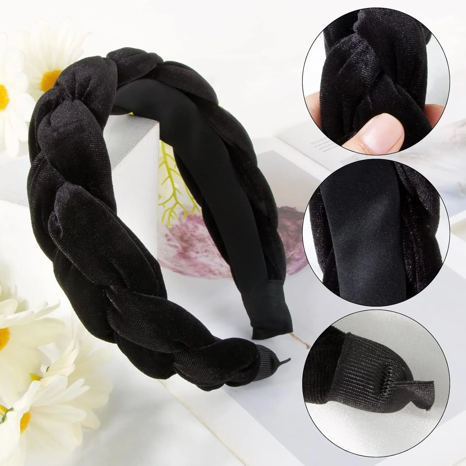 Обруч для волос бархатный плетеный винтажный эластичный черный, фото №3