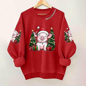 Детский рождественский свитшот с круглым вырезом Красный с праздничным принтом свиньи "Merry Christmas" для мальчиков и девочек synthetic.ua - Фото 1