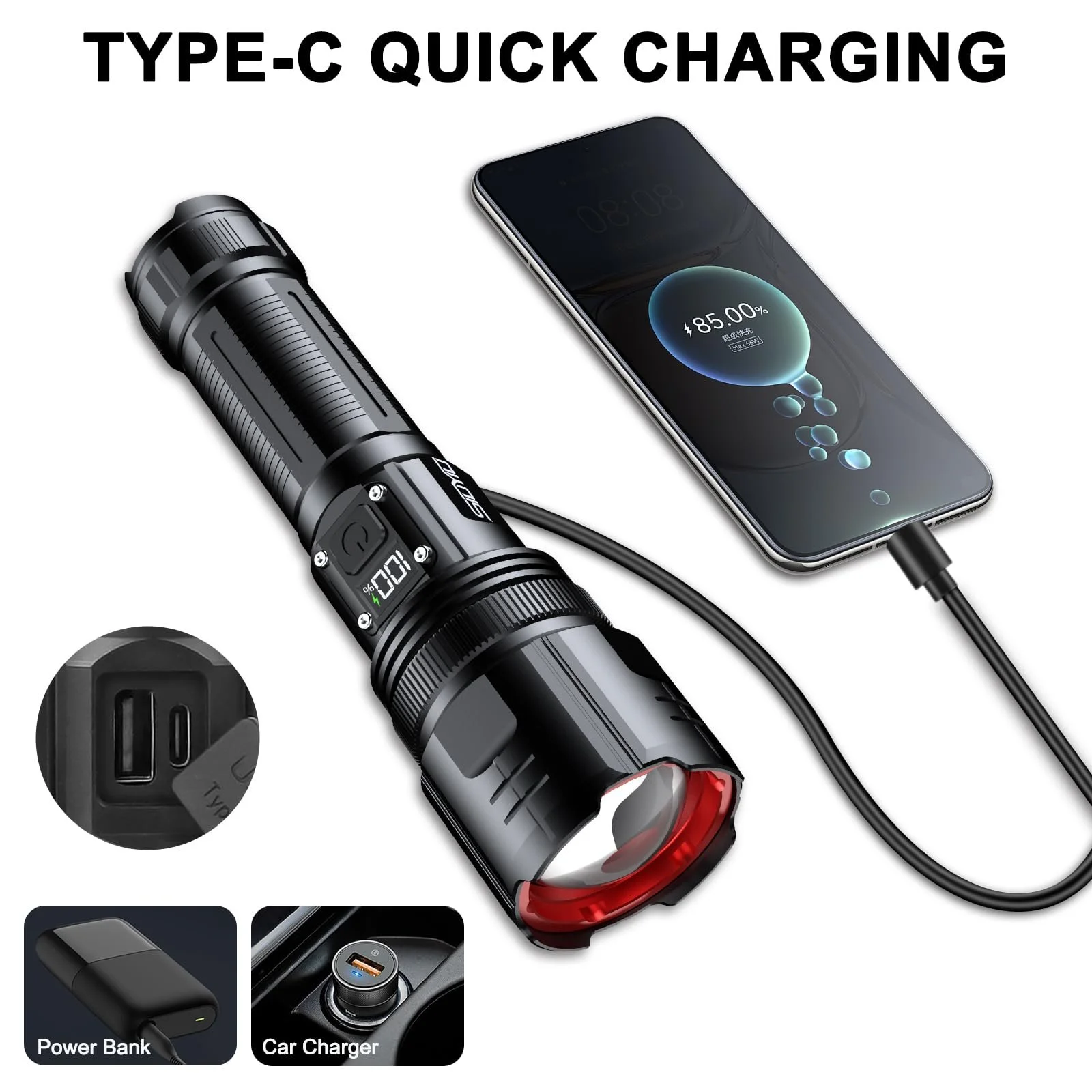 Ліхтарик Siuyiu 3000 люмен, світлодіодний, акумуляторний з цифровим дисплеєм живлення, з можливістю масштабування, 4 режими для кемпінгу, надзвичайних ситуацій та використання на відкритому повітрі, фото №6