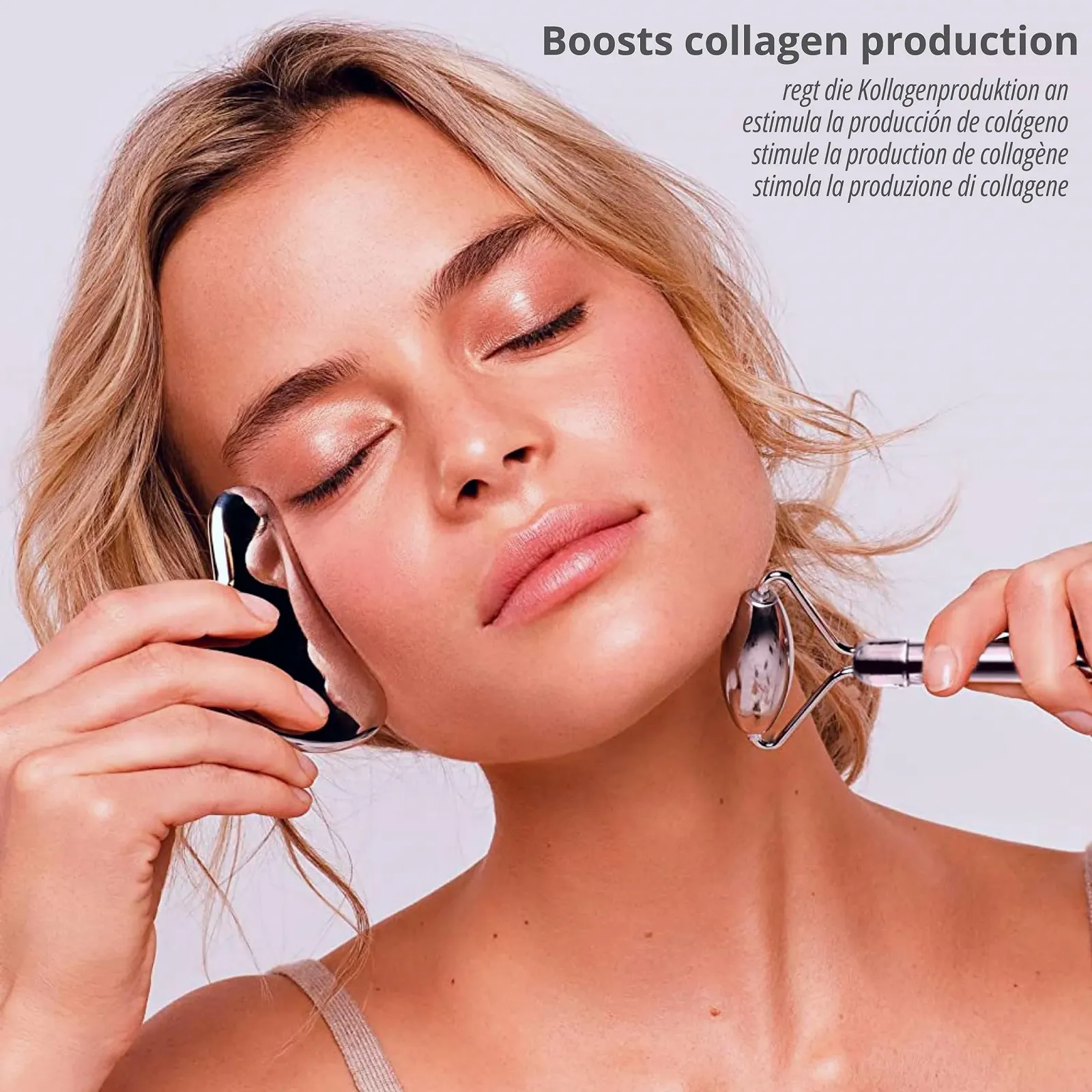 Набір Gua Sha + Масажний ролик для обличчя з нержавіючої сталі 304 і металевий камінь, фото №2