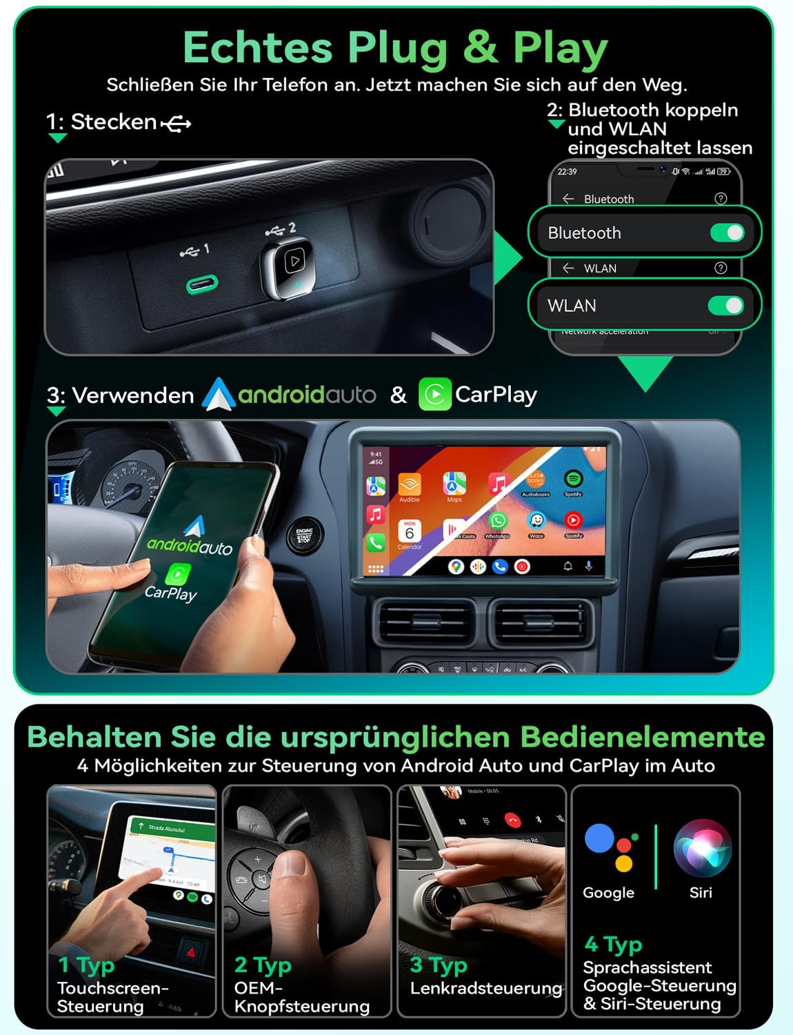 Беспроводной адаптер Carplay и Android Car Mavlou, металлический дизайн, миниатюрный и прочный донгл 2-в-1, преобразует проводной CarPlay/Android Car в беспроводной, для iOS 10+/Android 11+ и автомобилей с 2016 года (Черный), фото №6