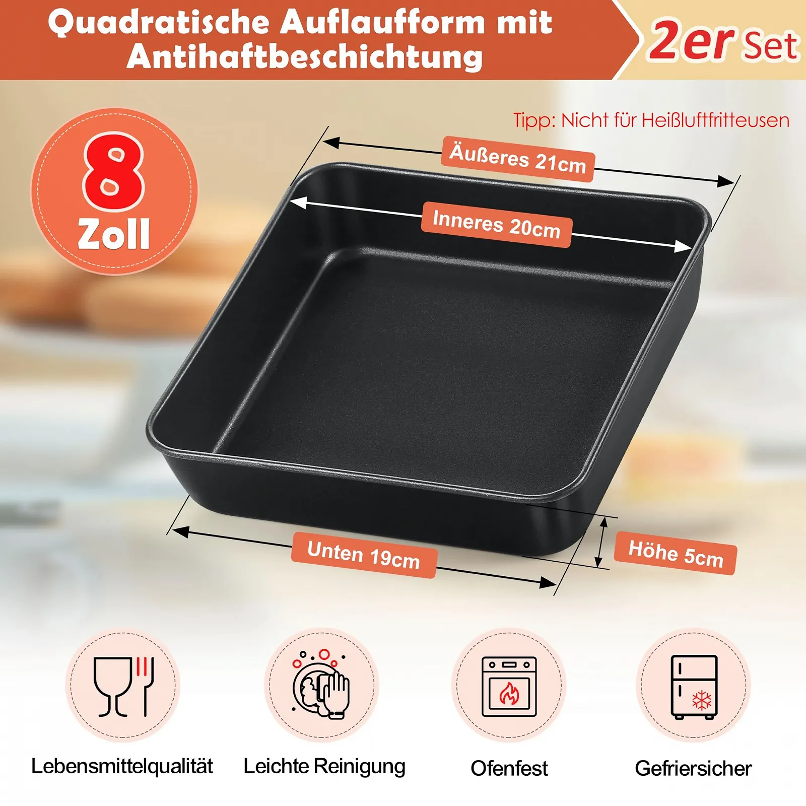 Форма для запекания Onader квадратная стальная антипригарная 20 см набор из 2 шт., фото №2