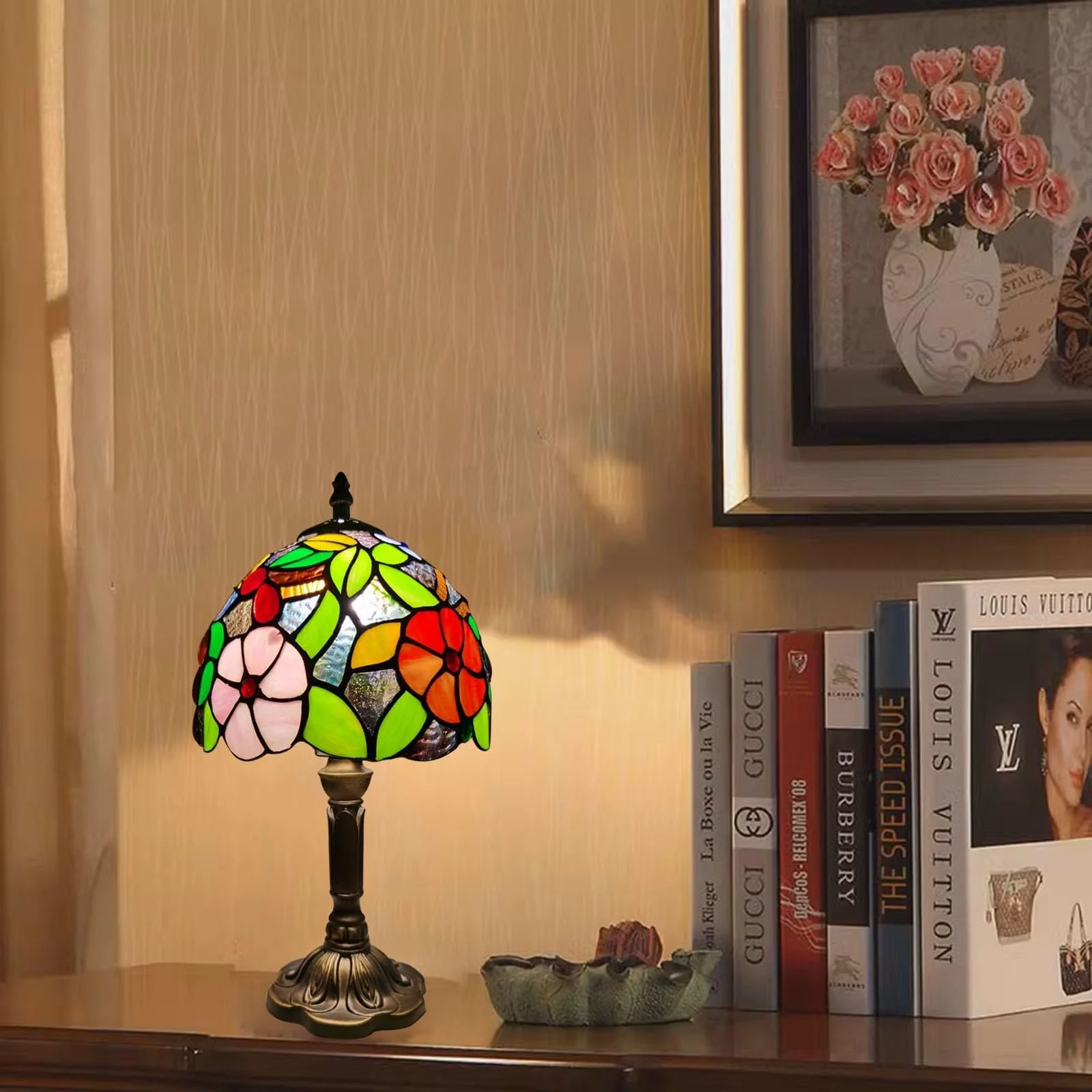 Настільна лампа Tiffany Retro Small E27 LED Квітковий та виноградний візерунок Кольорова, фото №4