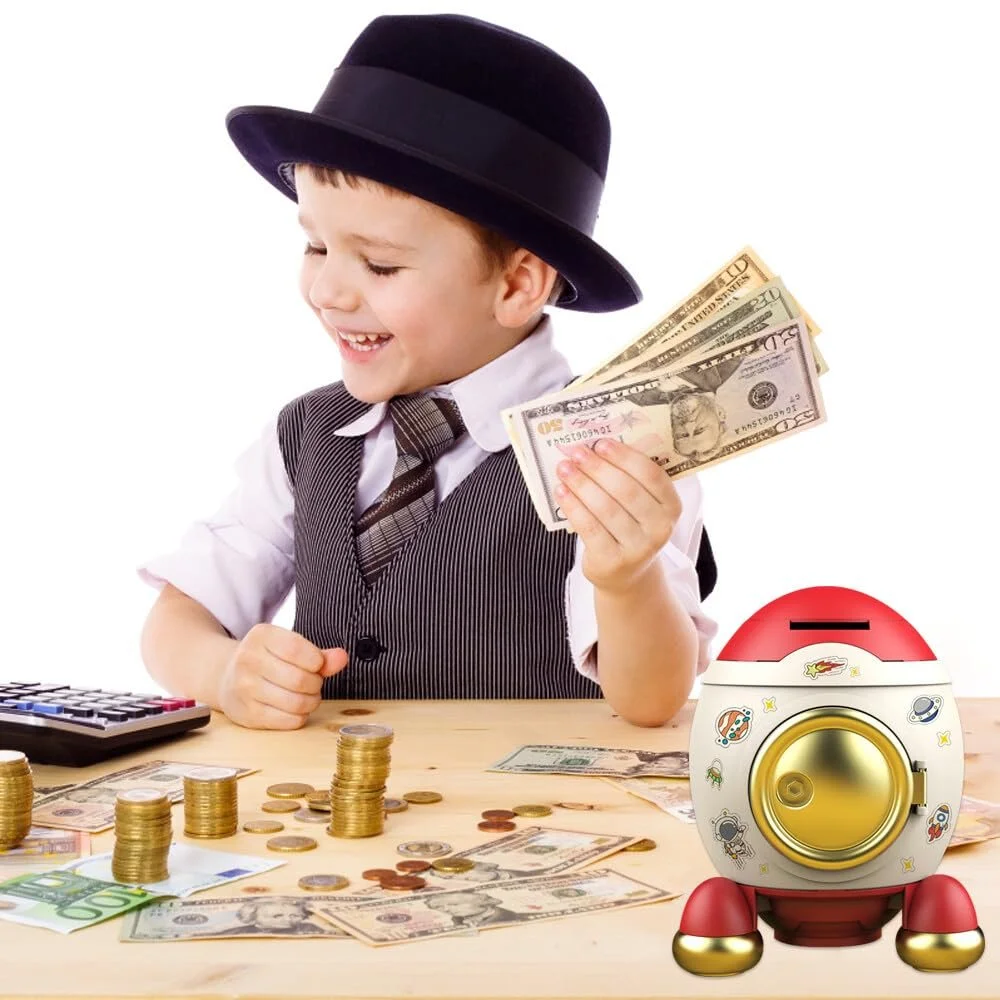 Скарбничка Rocket Astronaut Large Personalised з мультяшними наклейками та ключем, фото №6